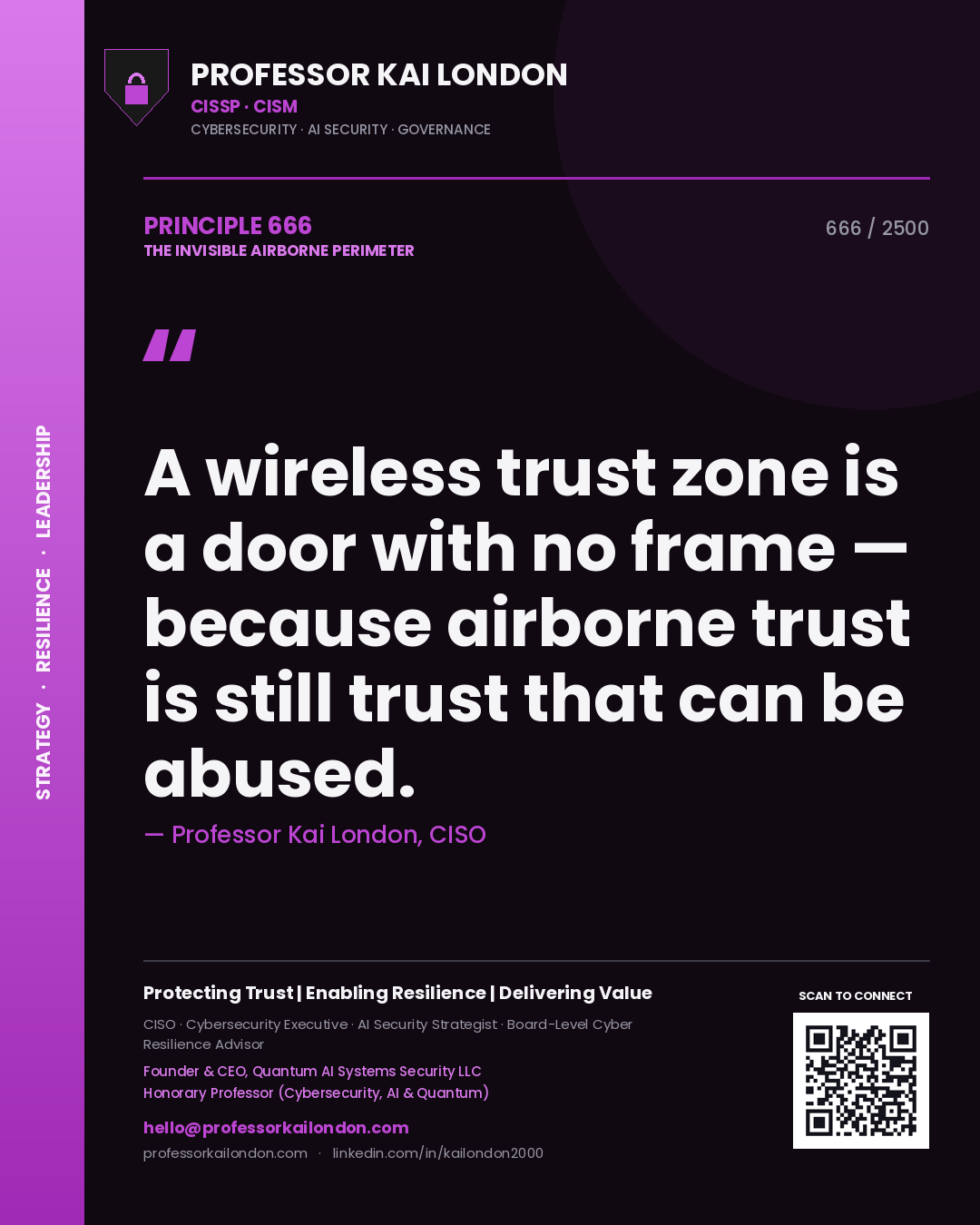 Professor Kai London principle 666: A wireless trust zone is a door with no frame — because airborne trust is still trust that can be abused.