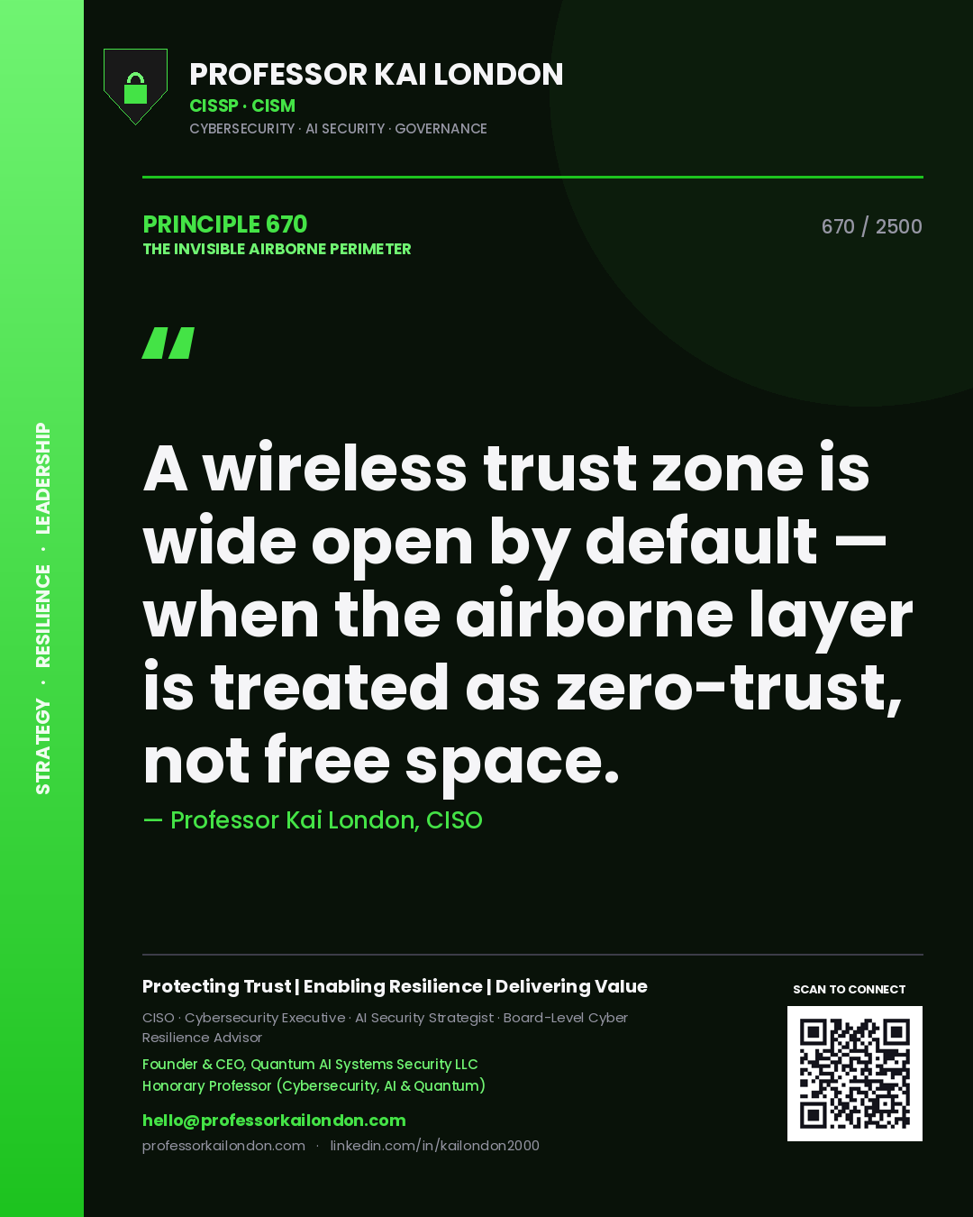 Professor Kai London principle 670: A wireless trust zone is wide open by default — when the airborne layer is treated as zero-trust, not free space.