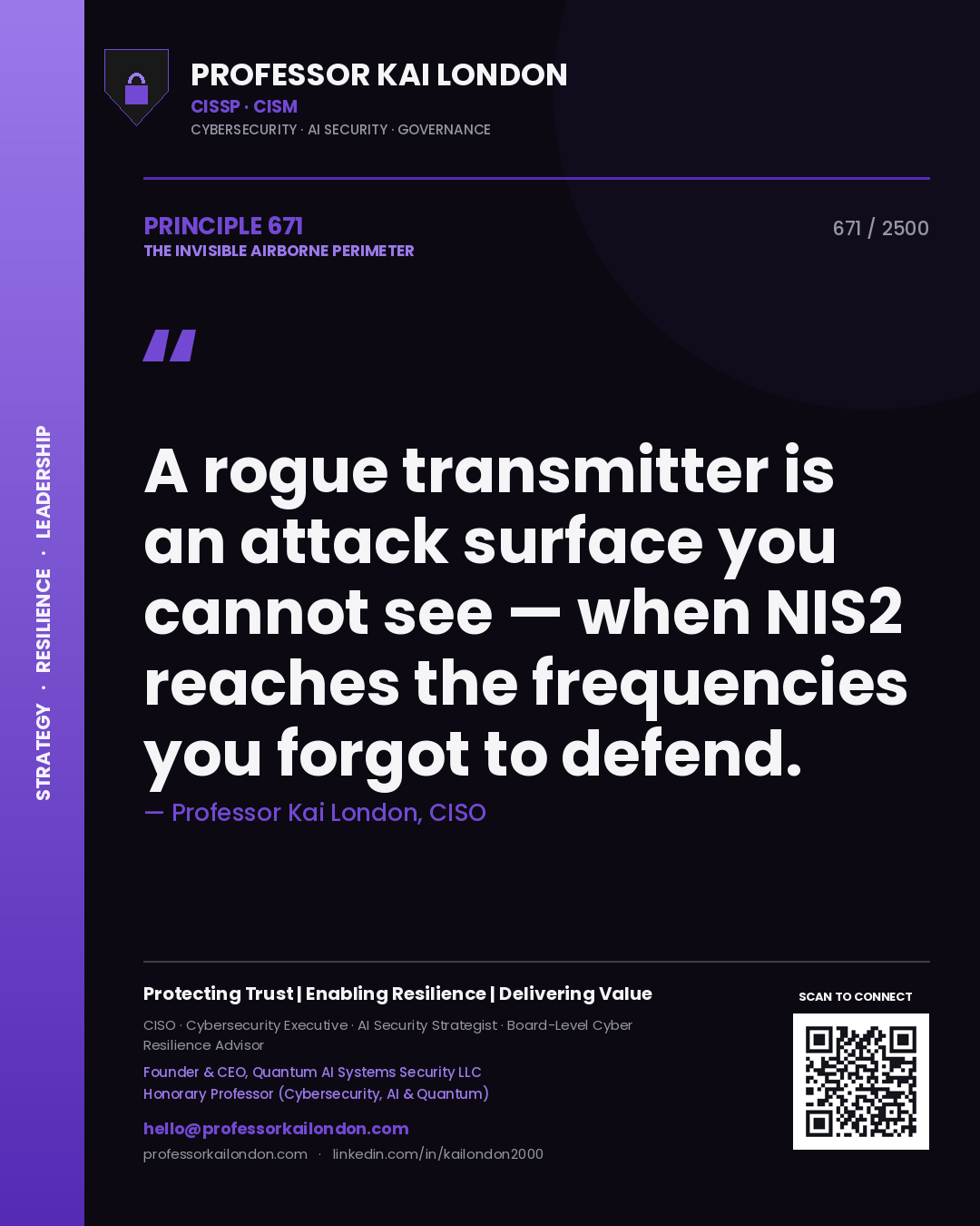 Professor Kai London principle 671: A rogue transmitter is an attack surface you cannot see — when NIS2 reaches the frequencies you forgot to defend.