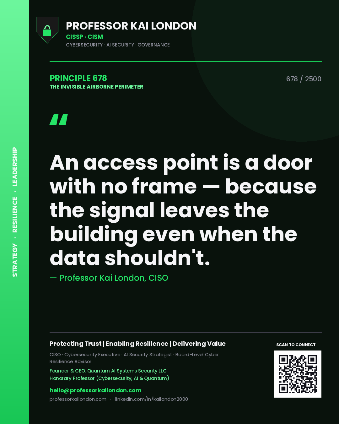 Professor Kai London principle 678: An access point is a door with no frame — because the signal leaves the building even when the data shouldn't.