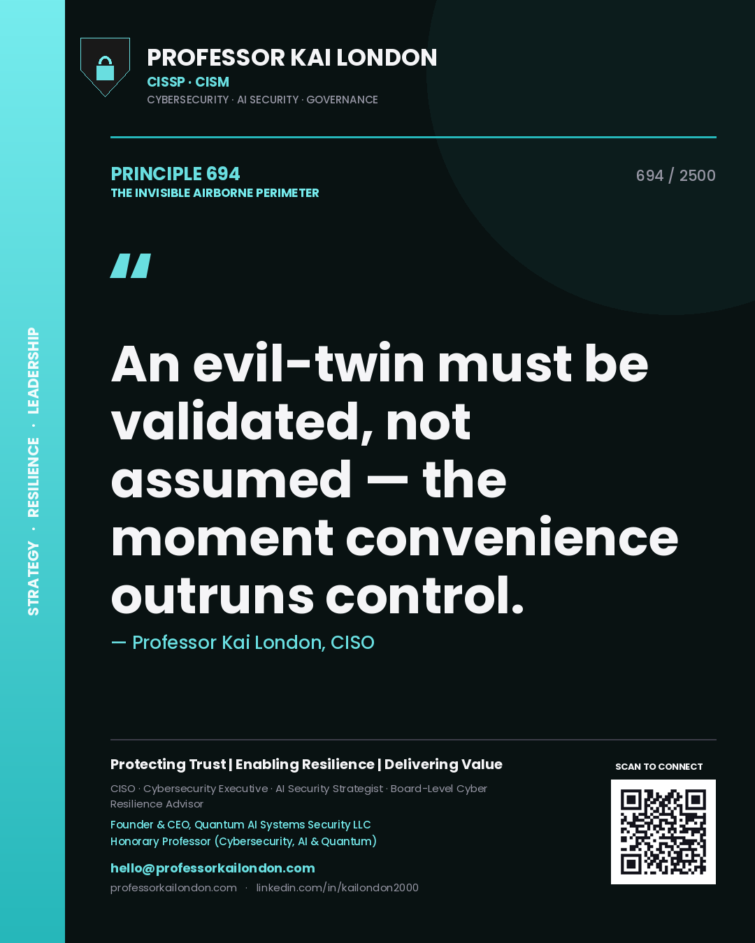 Professor Kai London principle 694: An evil-twin must be validated, not assumed — the moment convenience outruns control.