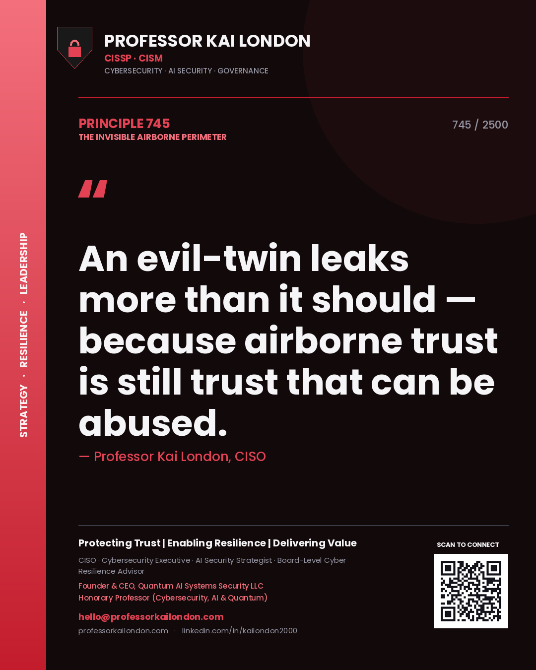 Quote card by Professor Kai London reading 'An evil-twin leaks more than it should — because airborne trust is still trust that can be abused.'. From the book The Invisible Airborne Perimeter.