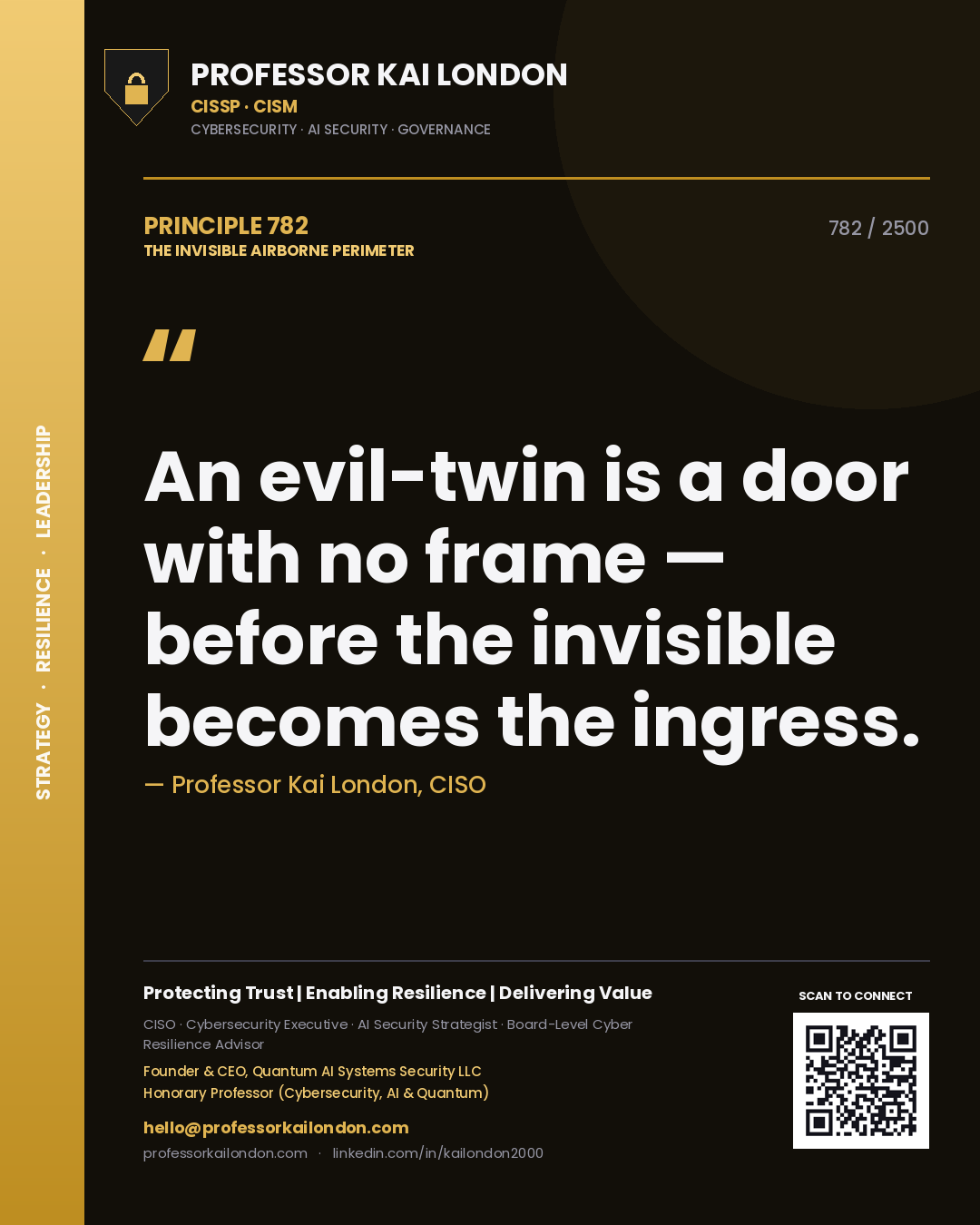 Quote card by Professor Kai London reading 'An evil-twin is a door with no frame — before the invisible becomes the ingress.'. From the book The Invisible Airborne Perimeter.
