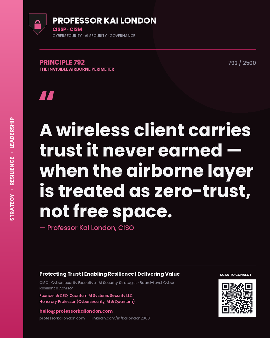 Professor Kai London principle 792: A wireless client carries trust it never earned — when the airborne layer is treated as zero-trust, not free space.