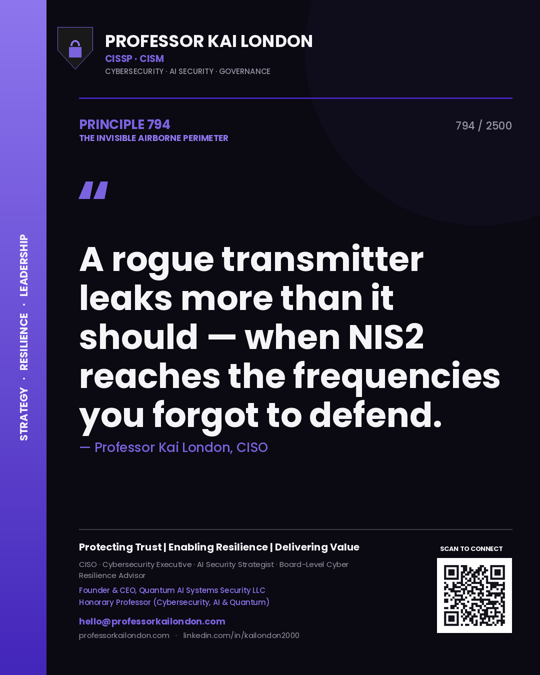 Quote card by Professor Kai London reading 'A rogue transmitter leaks more than it should — when NIS2 reaches the frequencies you forgot to defend.'. From the book The Invisible Airborne Perimeter.