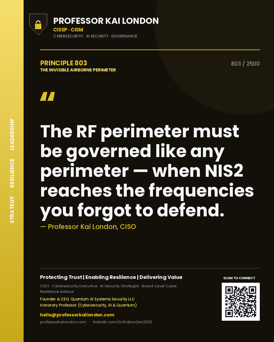 Quote card by Professor Kai London reading 'The RF perimeter must be governed like any perimeter — when NIS2 reaches the frequencies you forgot to defend.'. From the book The Invisible Airborne Perimeter.