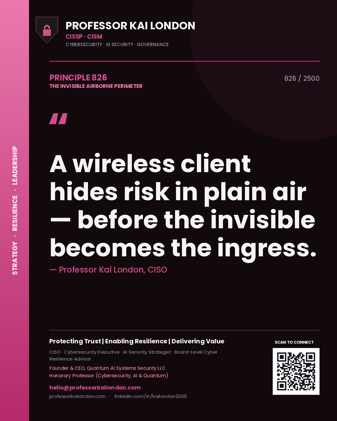 Quote card by Professor Kai London reading 'A wireless client hides risk in plain air — before the invisible becomes the ingress.'. From the book The Invisible Airborne Perimeter.