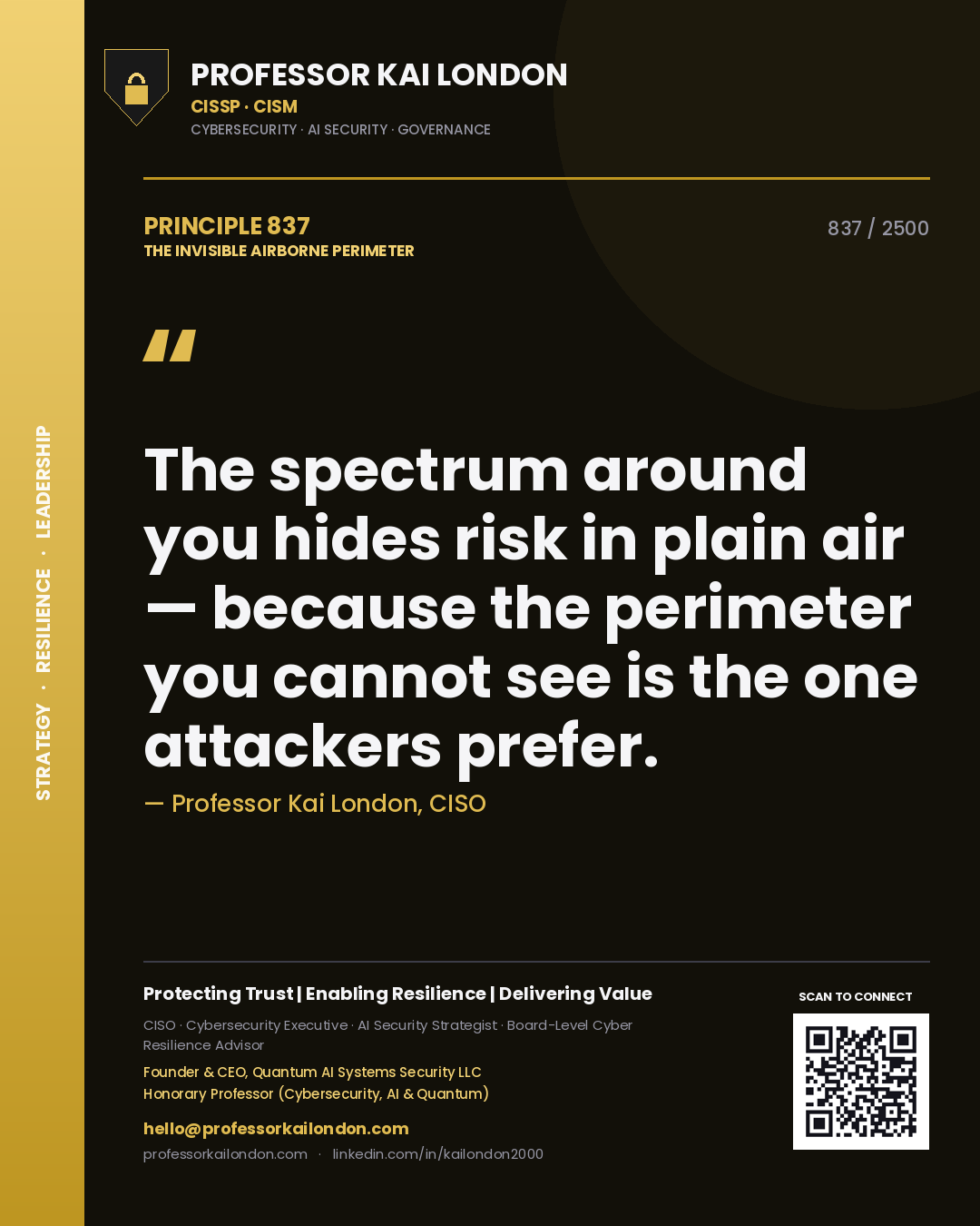 Quote card by Professor Kai London reading 'The spectrum around you hides risk in plain air — because the perimeter you cannot see is the one attackers prefer.'. From the book The Invisible Airborne Perimeter.