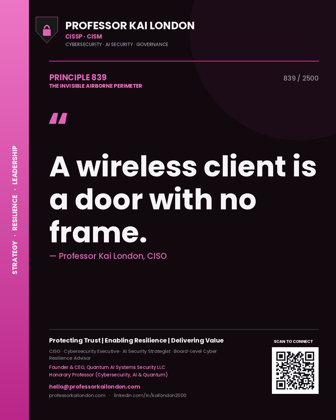 Quote card by Professor Kai London reading 'A wireless client is a door with no frame.'. From the book The Invisible Airborne Perimeter.