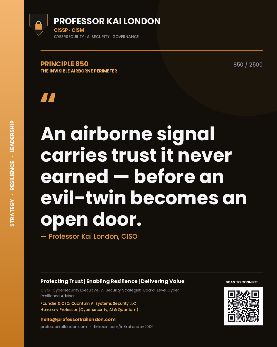 Quote card by Professor Kai London reading 'An airborne signal carries trust it never earned — before an evil-twin becomes an open door.'. From the book The Invisible Airborne Perimeter.
