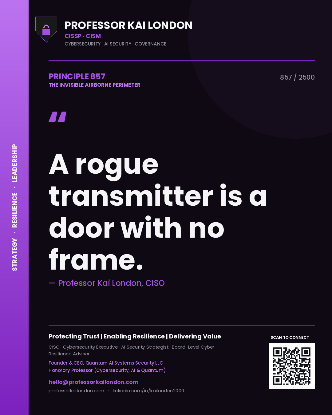 Quote card by Professor Kai London reading 'A rogue transmitter is a door with no frame.'. From the book The Invisible Airborne Perimeter.