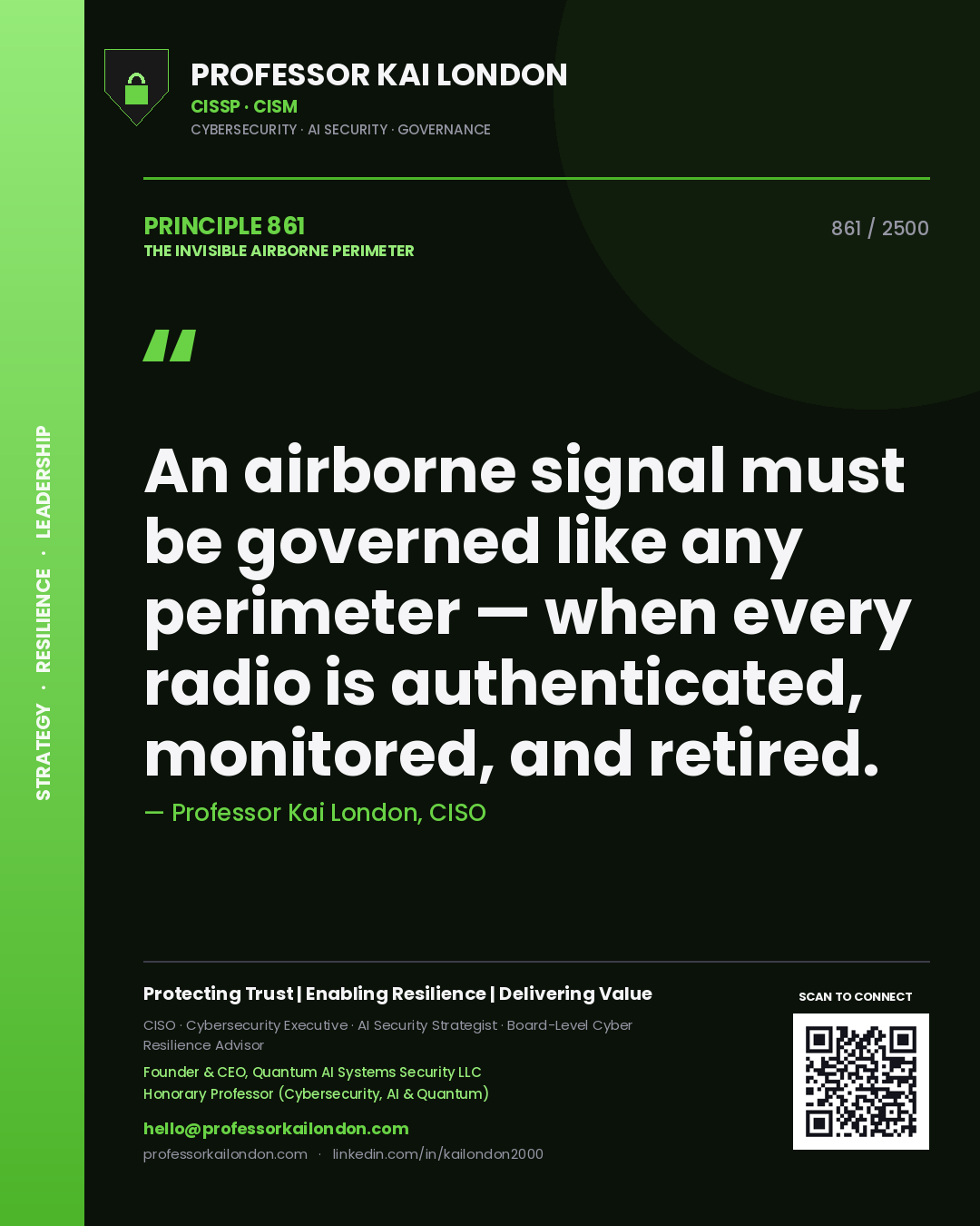 Quote card by Professor Kai London reading 'An airborne signal must be governed like any perimeter — when every radio is authenticated, monitored, and retired.'. From the book The Invisible Airborne Perimeter.