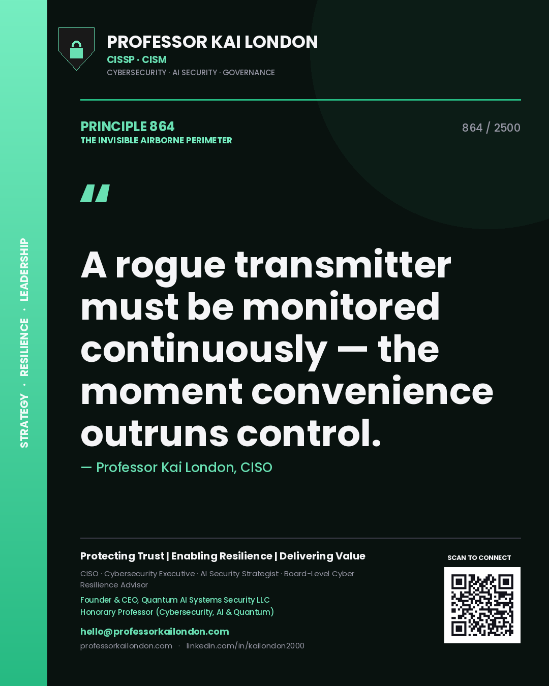 Quote card by Professor Kai London reading 'A rogue transmitter must be monitored continuously — the moment convenience outruns control.'. From the book The Invisible Airborne Perimeter.
