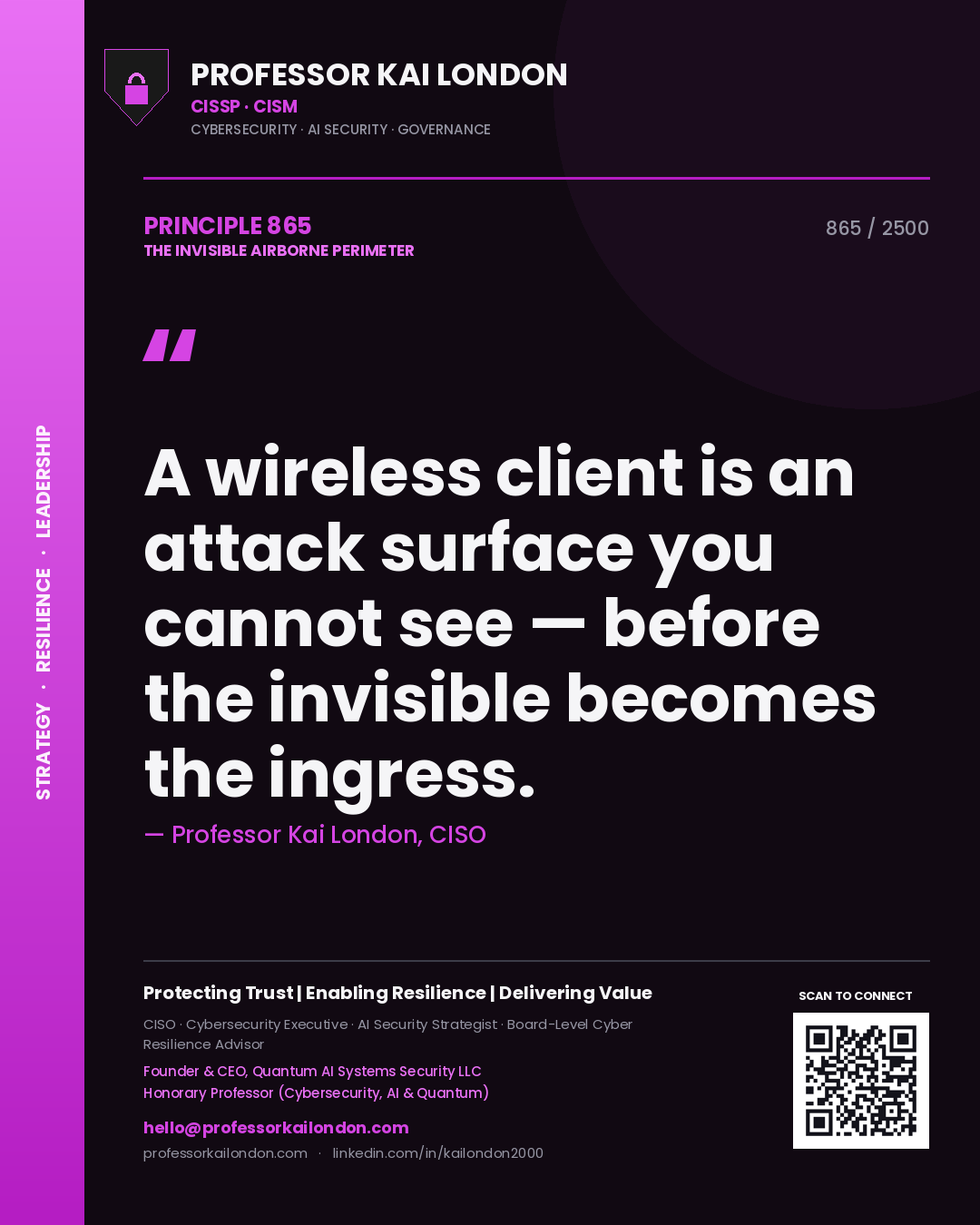 Quote card by Professor Kai London reading 'A wireless client is an attack surface you cannot see — before the invisible becomes the ingress.'. From the book The Invisible Airborne Perimeter.