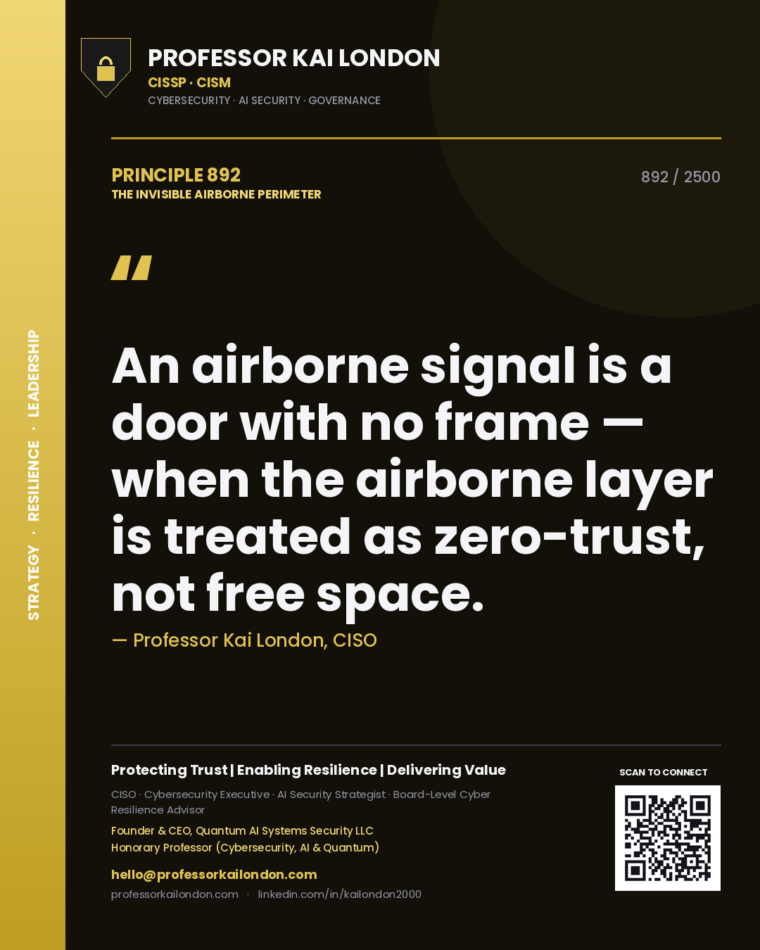 Quote card by Professor Kai London reading 'An airborne signal is a door with no frame — when the airborne layer is treated as zero-trust, not free space.'. From the book The Invisible Airborne Perimeter.