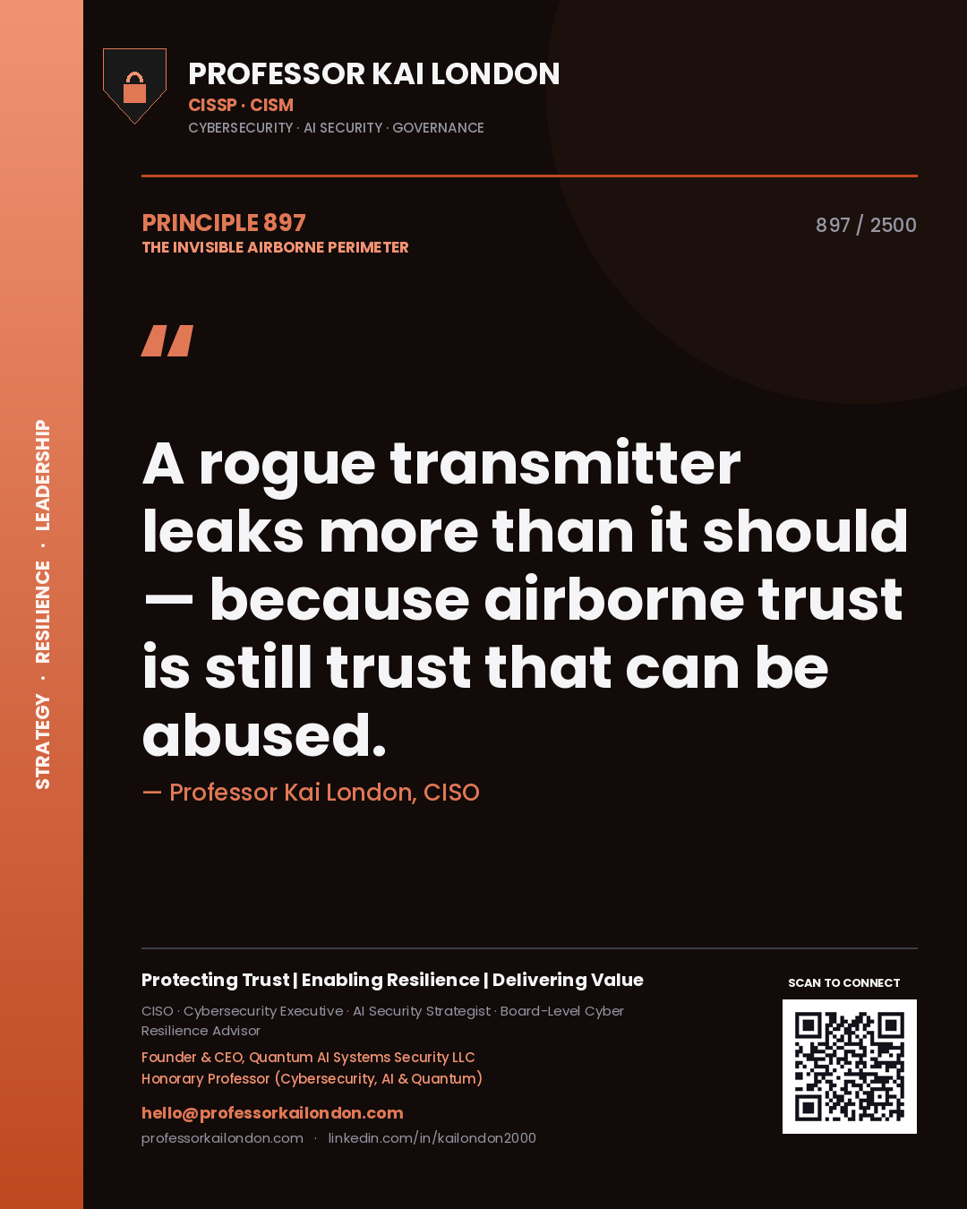 Quote card by Professor Kai London reading 'A rogue transmitter leaks more than it should — because airborne trust is still trust that can be abused.'. From the book The Invisible Airborne Perimeter.