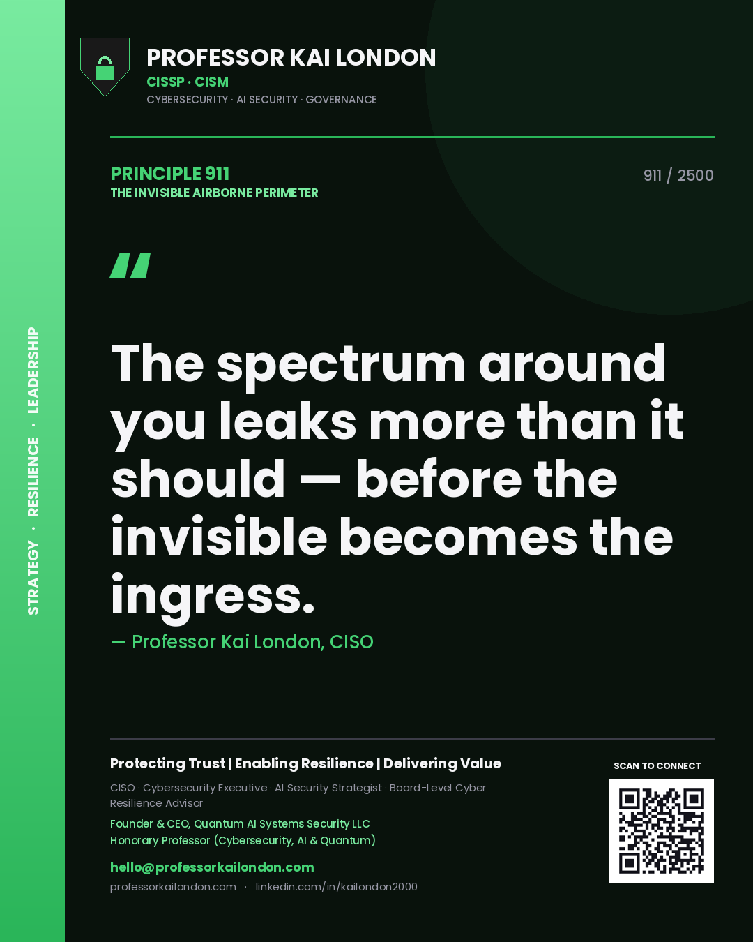 Quote card by Professor Kai London reading 'The spectrum around you leaks more than it should — before the invisible becomes the ingress.'. From the book The Invisible Airborne Perimeter.