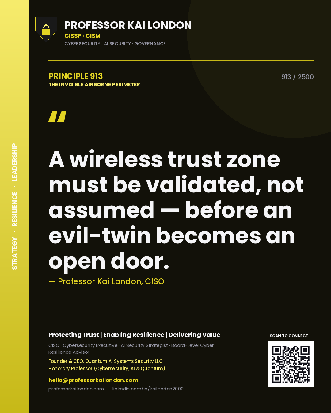 Quote card by Professor Kai London reading 'A wireless trust zone must be validated, not assumed — before an evil-twin becomes an open door.'. From the book The Invisible Airborne Perimeter.
