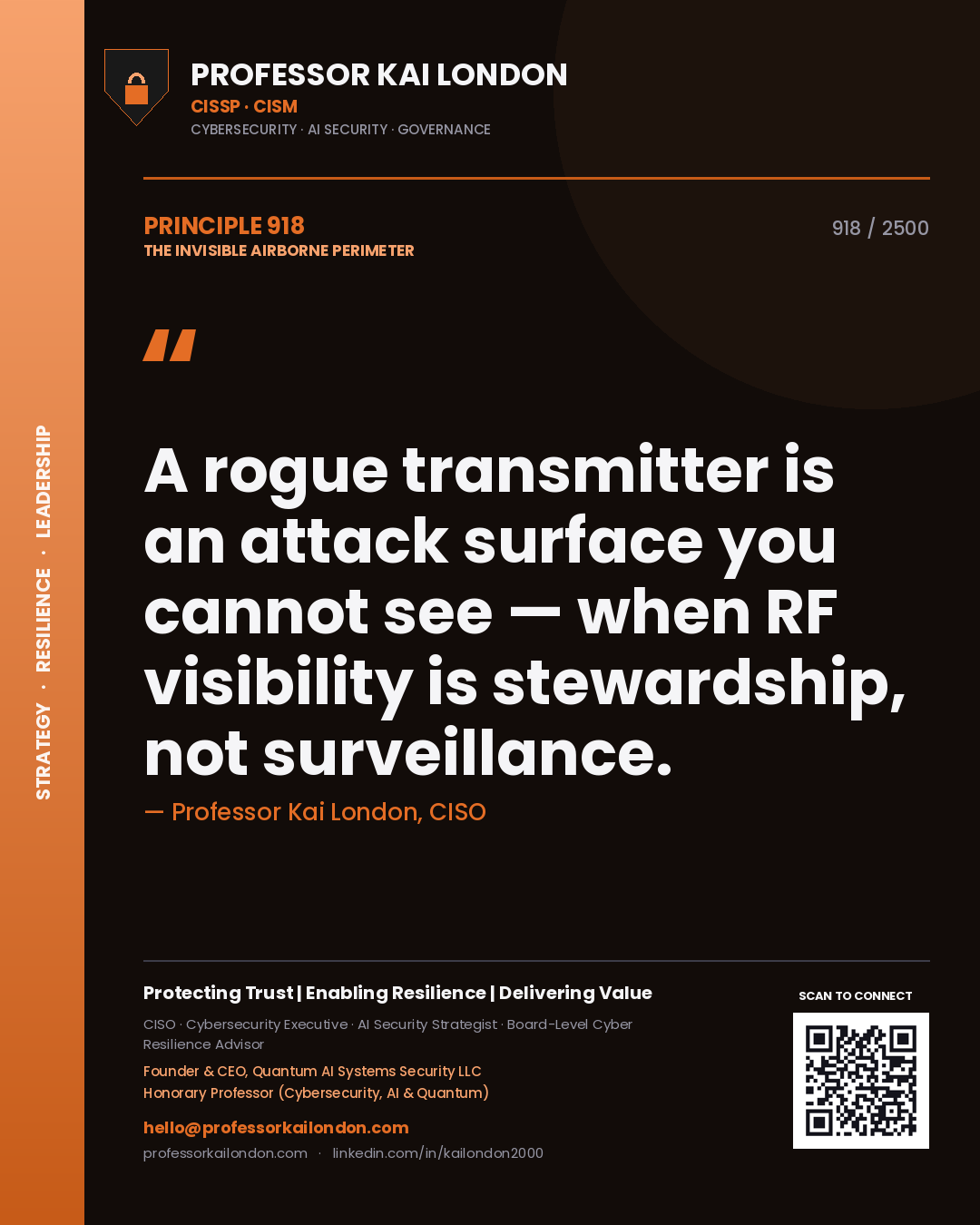 Quote card by Professor Kai London reading 'A rogue transmitter is an attack surface you cannot see — when RF visibility is stewardship, not surveillance.'. From the book The Invisible Airborne Perimeter.