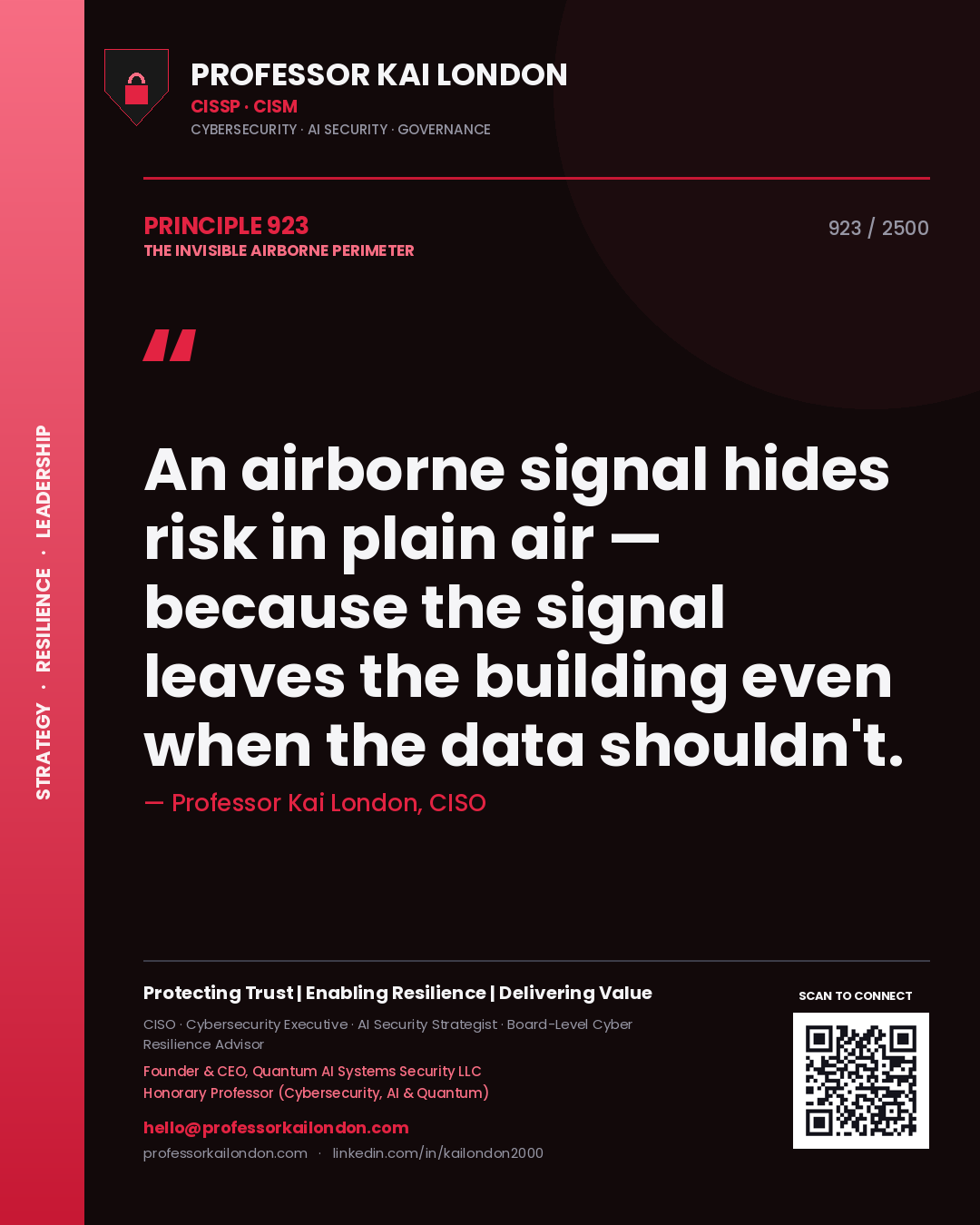 Quote card by Professor Kai London reading 'An airborne signal hides risk in plain air — because the signal leaves the building even when the data shouldn't.'. From the book The Invisible Airborne Perimeter.