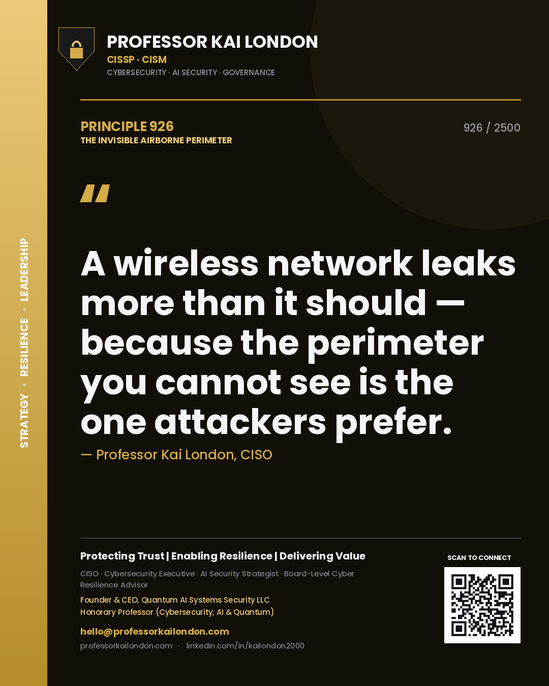 Quote card by Professor Kai London reading 'A wireless network leaks more than it should — because the perimeter you cannot see is the one attackers prefer.'. From the book The Invisible Airborne Perimeter.
