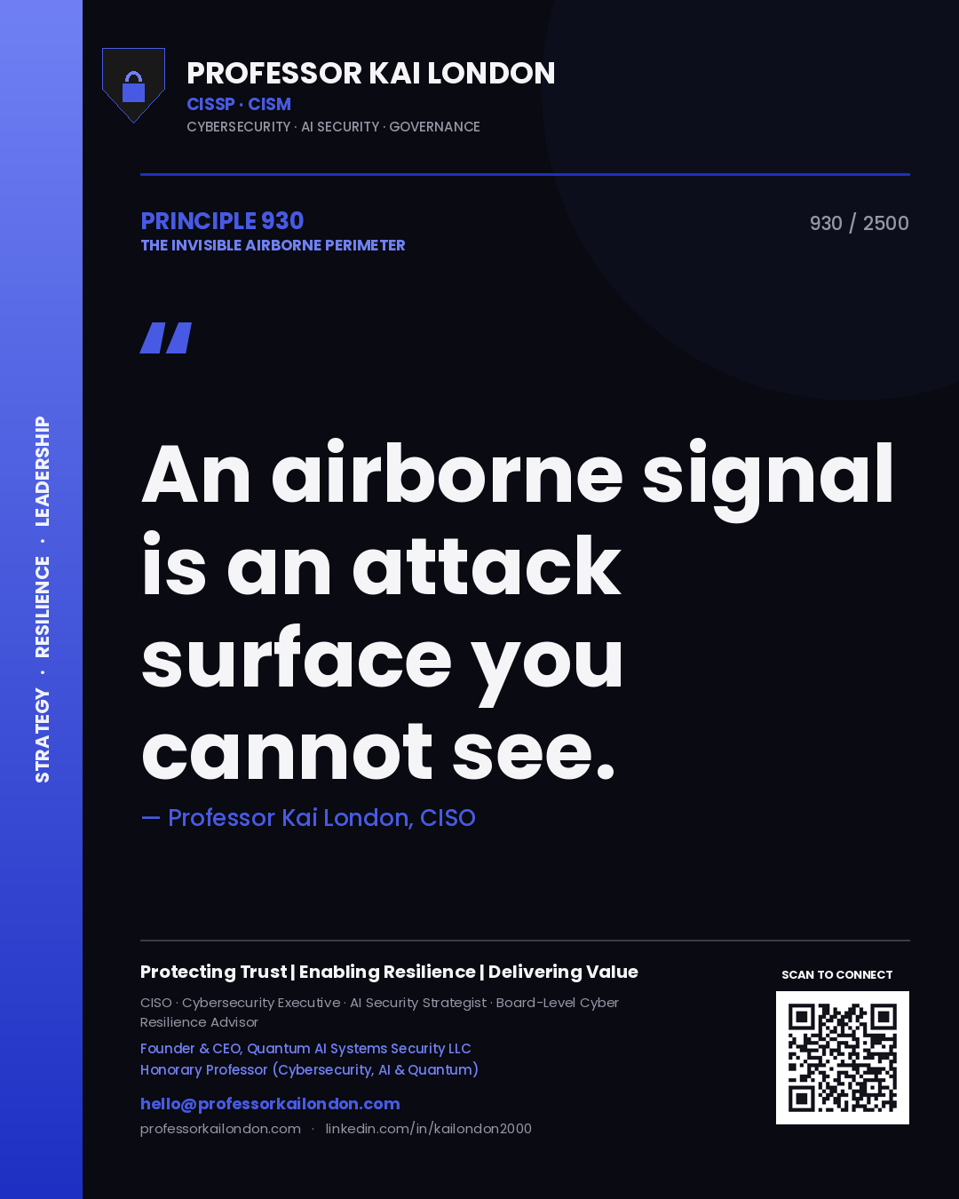 Quote card by Professor Kai London reading 'An airborne signal is an attack surface you cannot see.'. From the book The Invisible Airborne Perimeter.
