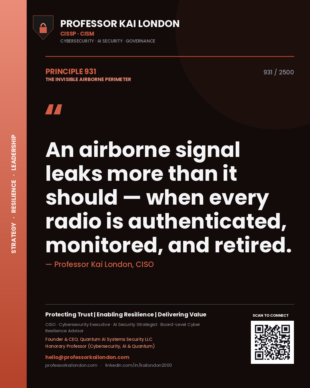 Quote card by Professor Kai London reading 'An airborne signal leaks more than it should — when every radio is authenticated, monitored, and retired.'. From the book The Invisible Airborne Perimeter.
