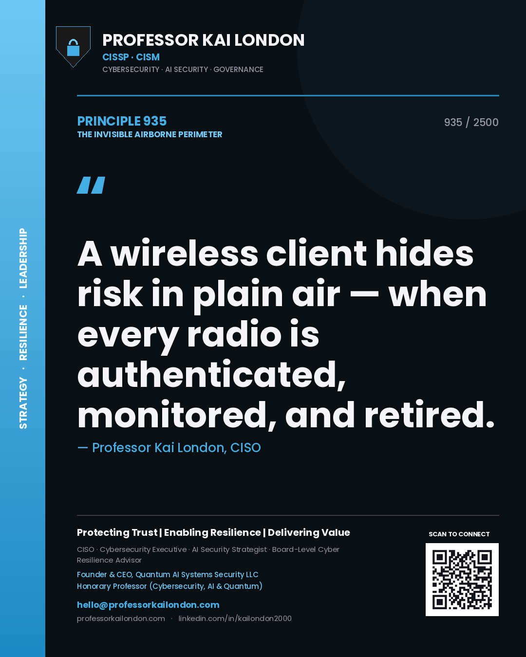 Quote card by Professor Kai London reading 'A wireless client hides risk in plain air — when every radio is authenticated, monitored, and retired.'. From the book The Invisible Airborne Perimeter.