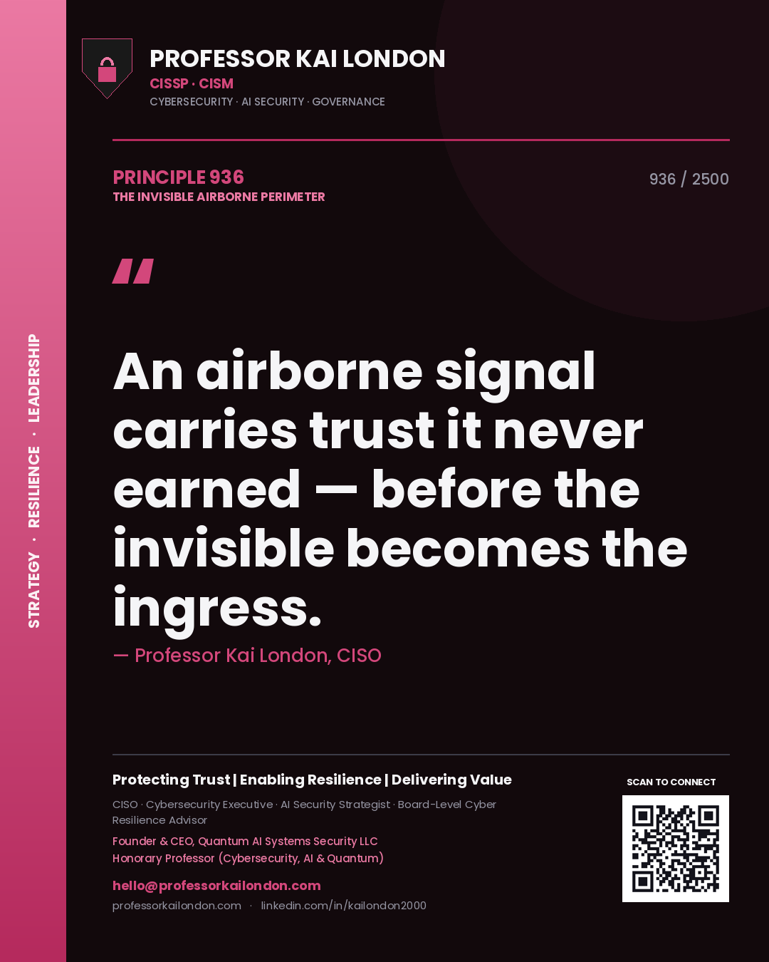 Quote card by Professor Kai London reading 'An airborne signal carries trust it never earned — before the invisible becomes the ingress.'. From the book The Invisible Airborne Perimeter.