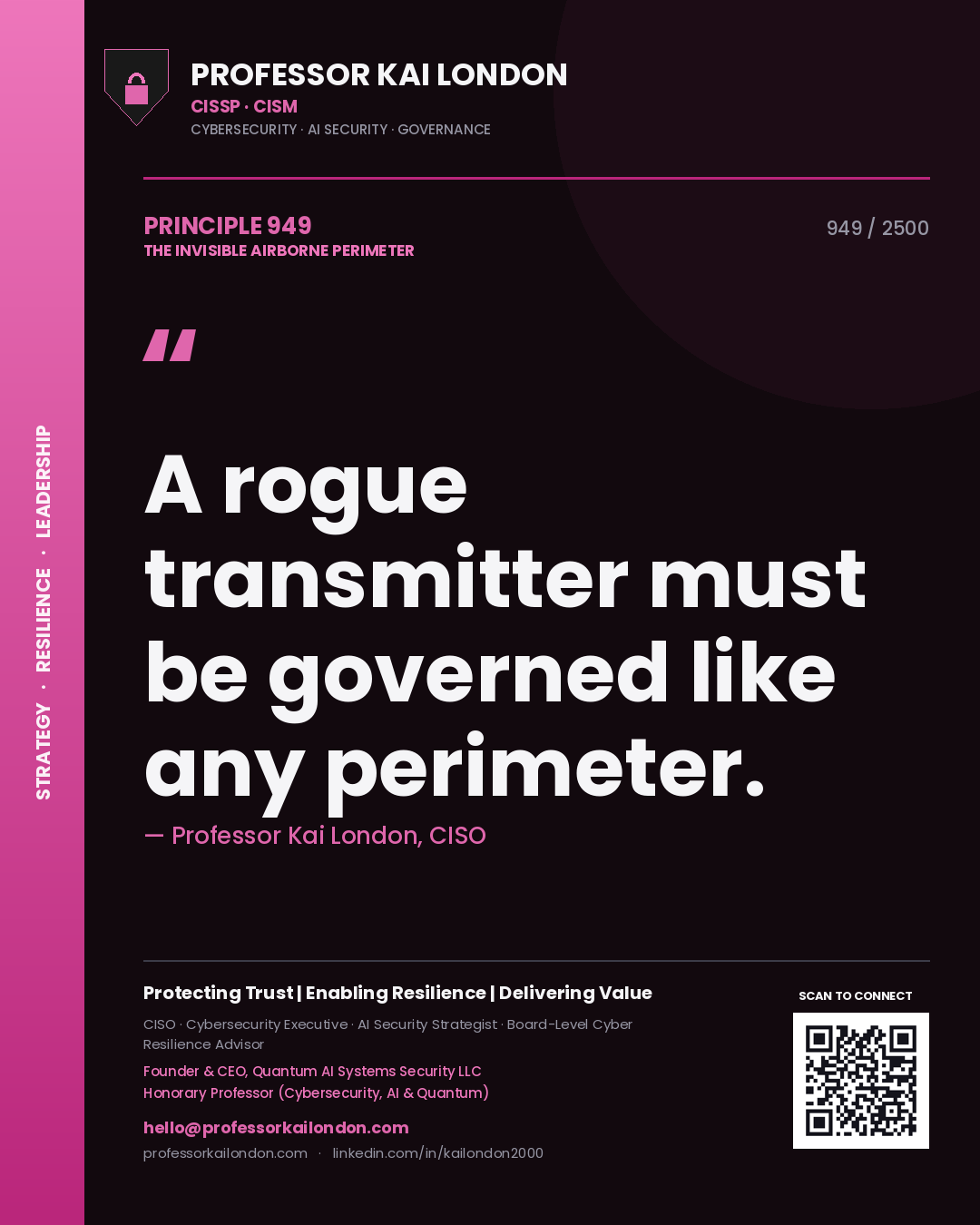 Quote card by Professor Kai London reading 'A rogue transmitter must be governed like any perimeter.'. From the book The Invisible Airborne Perimeter.