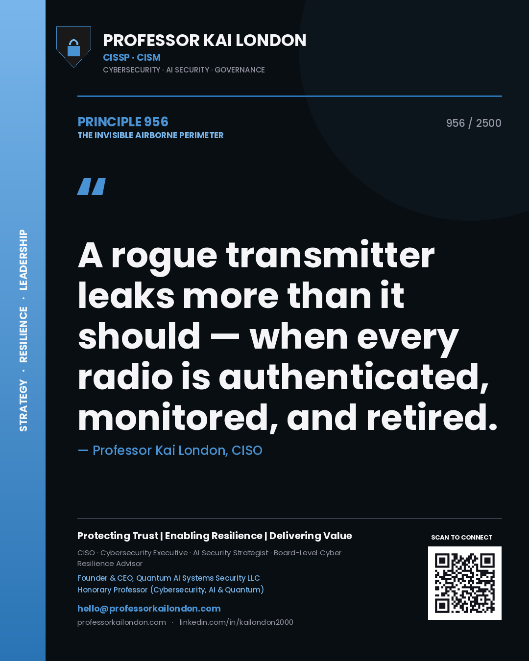 Quote card by Professor Kai London reading 'A rogue transmitter leaks more than it should — when every radio is authenticated, monitored, and retired.'. From the book The Invisible Airborne Perimeter.