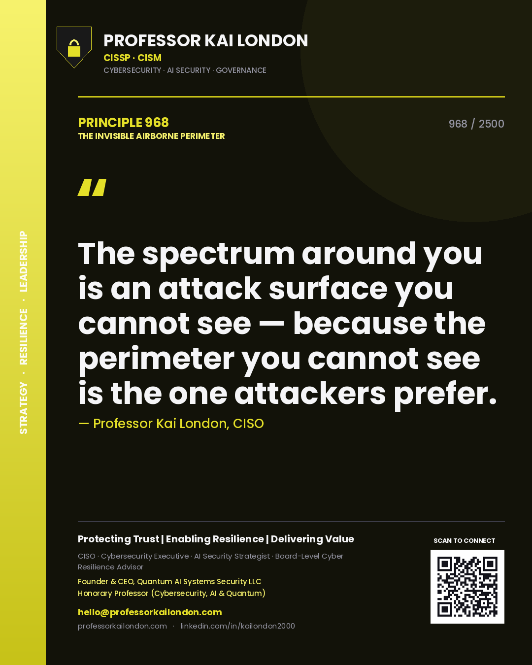 Quote card by Professor Kai London reading 'The spectrum around you is an attack surface you cannot see — because the perimeter you cannot see is the one attackers prefer.'. From the book The Invisible Airborne Perimeter.