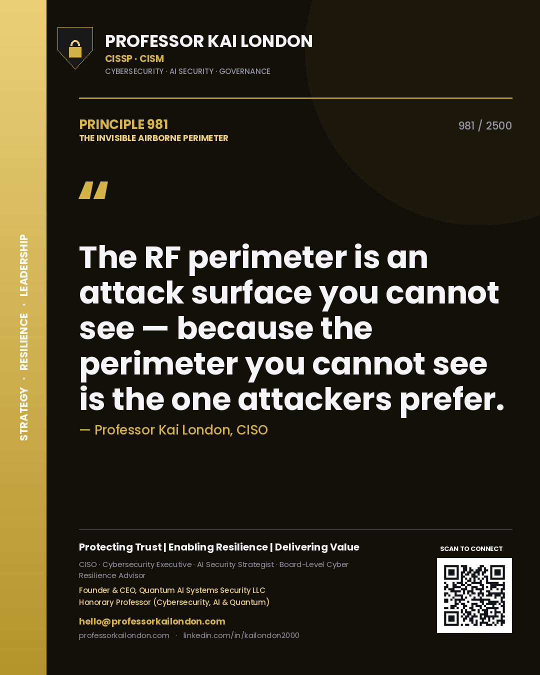 Quote card by Professor Kai London reading 'The RF perimeter is an attack surface you cannot see — because the perimeter you cannot see is the one attackers prefer.'. From the book The Invisible Airborne Perimeter.