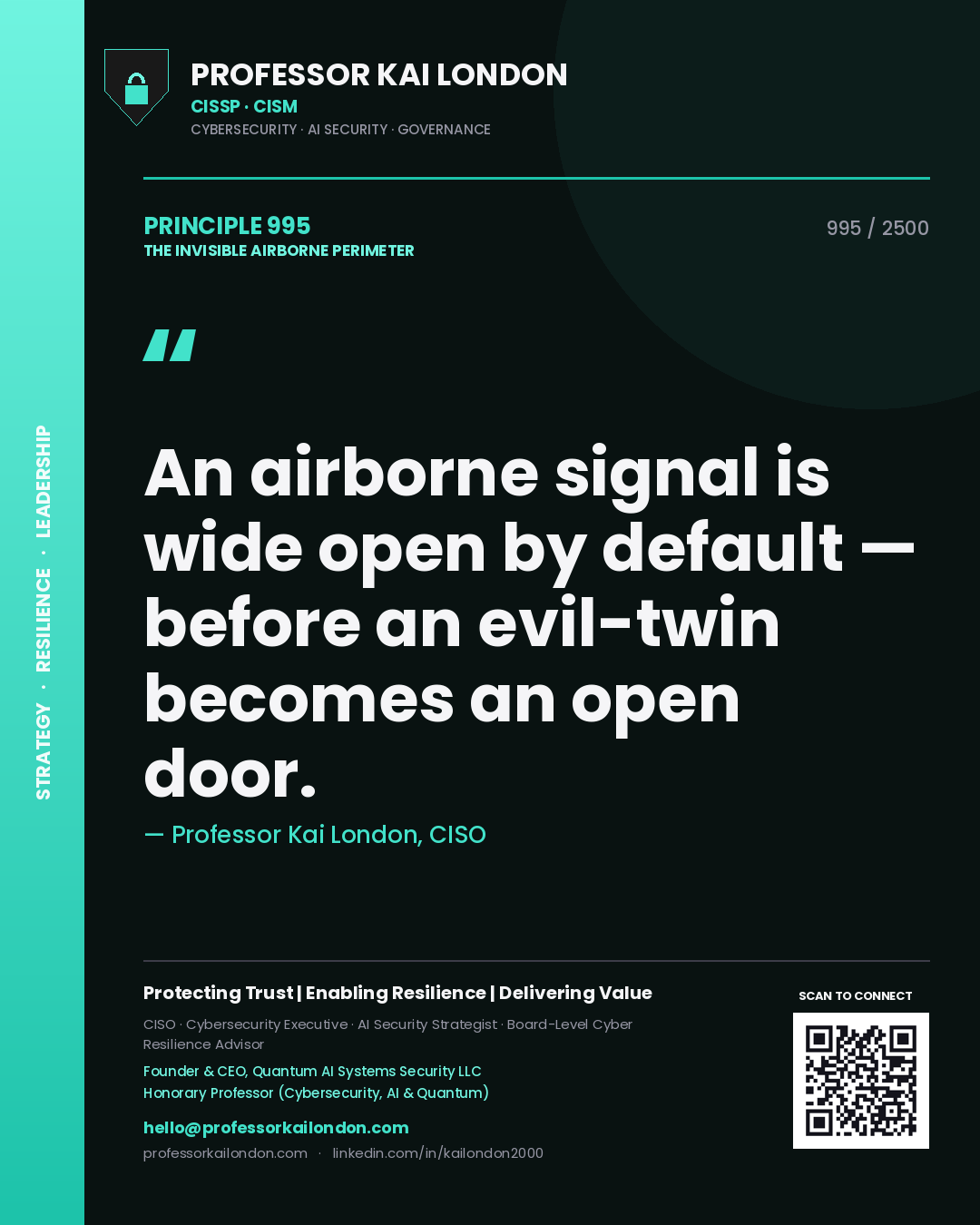 Quote card by Professor Kai London reading 'An airborne signal is wide open by default — before an evil-twin becomes an open door.'. From the book The Invisible Airborne Perimeter.