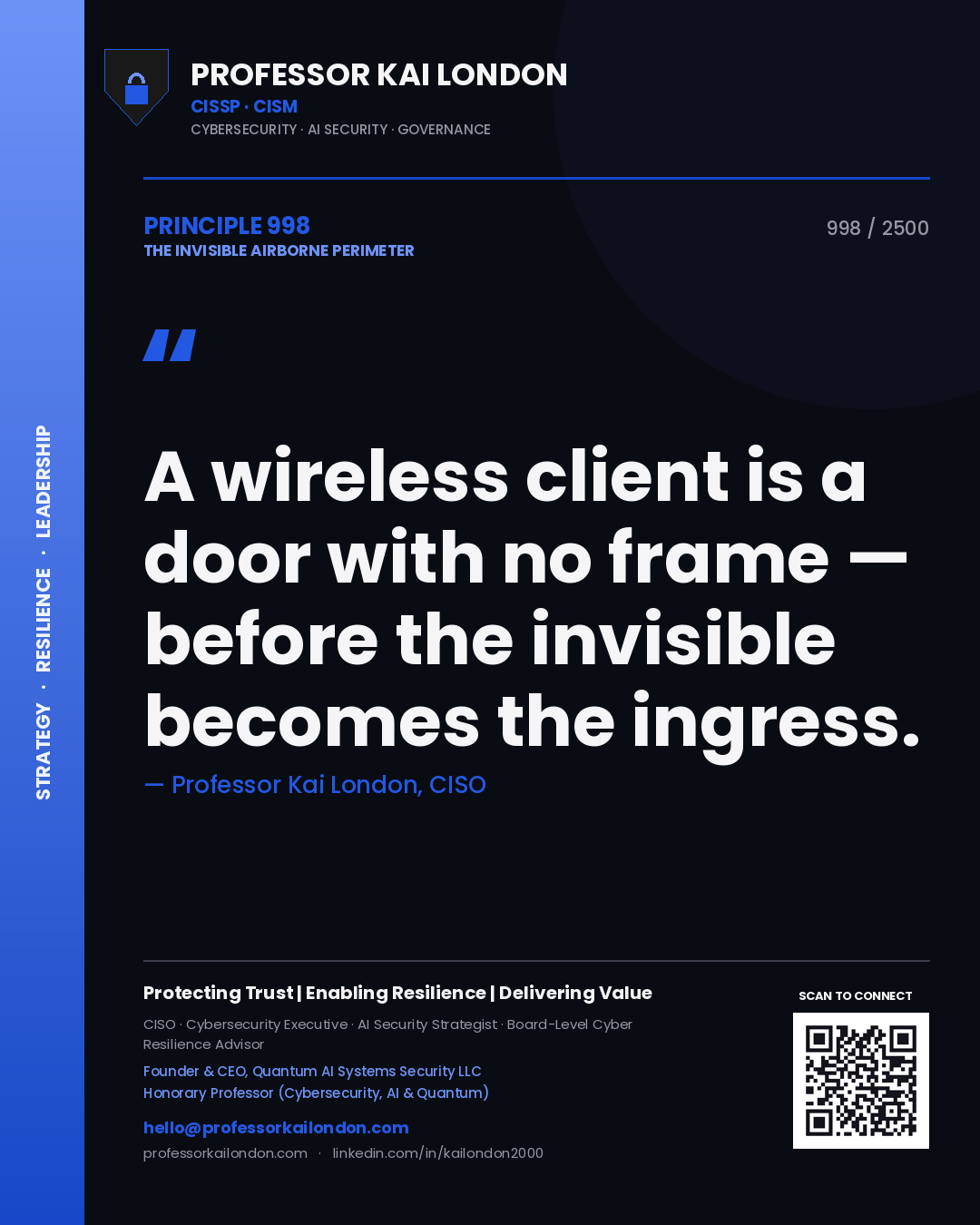 Quote card by Professor Kai London reading 'A wireless client is a door with no frame — before the invisible becomes the ingress.'. From the book The Invisible Airborne Perimeter.