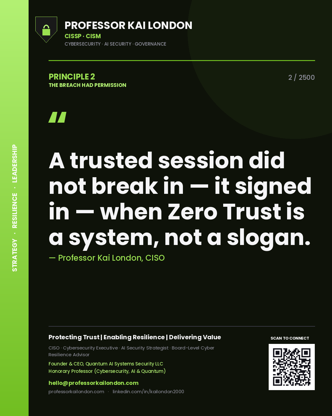 Professor Kai London principle 2: A trusted session did not break in — it signed in — when Zero Trust is a system, not a slogan.