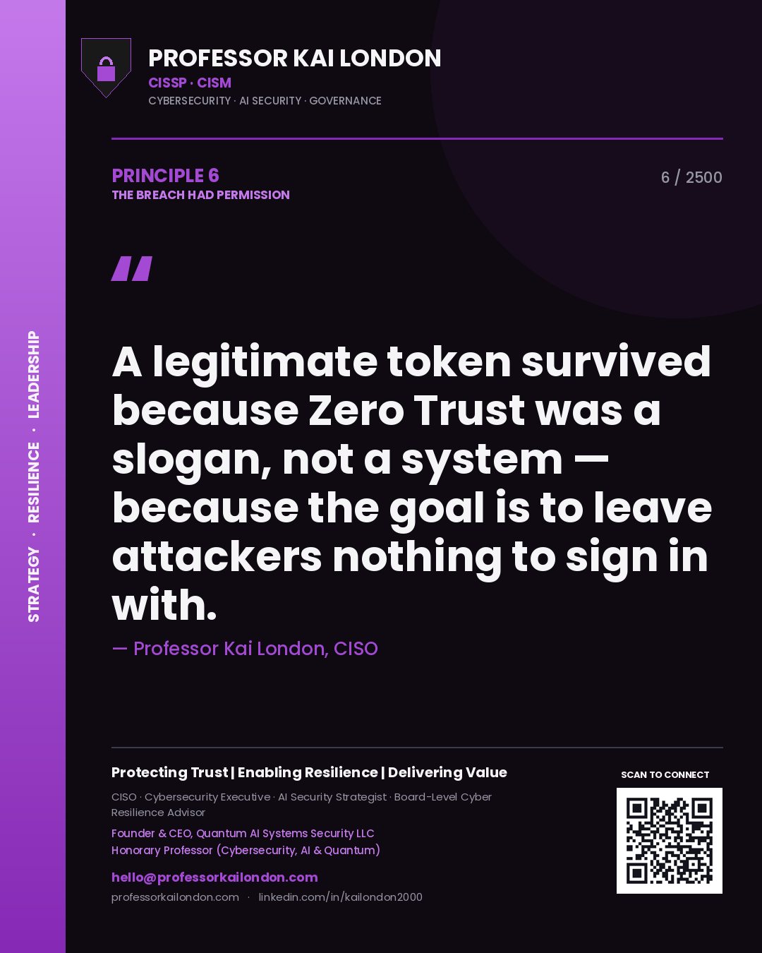 Professor Kai London principle 6: A legitimate token survived because Zero Trust was a slogan, not a system — because the goal is to leave attackers nothing to sign in with.