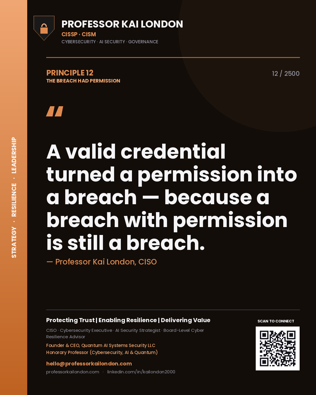 Professor Kai London principle 12: A valid credential turned a permission into a breach — because a breach with permission is still a breach.