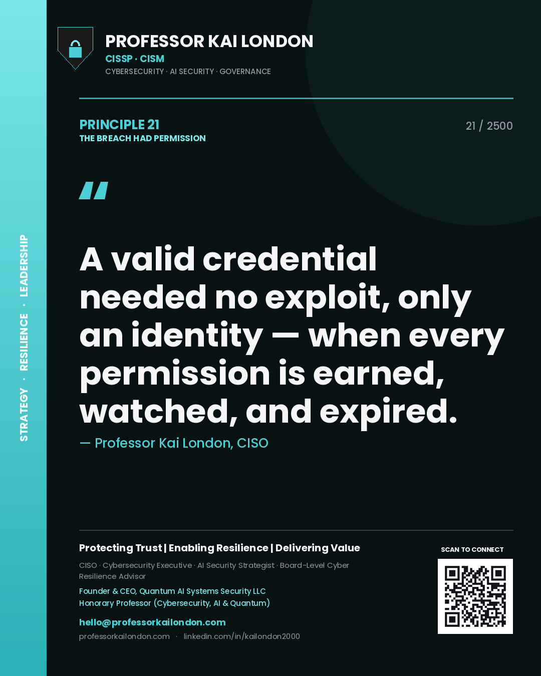 Professor Kai London principle 21: A valid credential needed no exploit, only an identity — when every permission is earned, watched, and expired.
