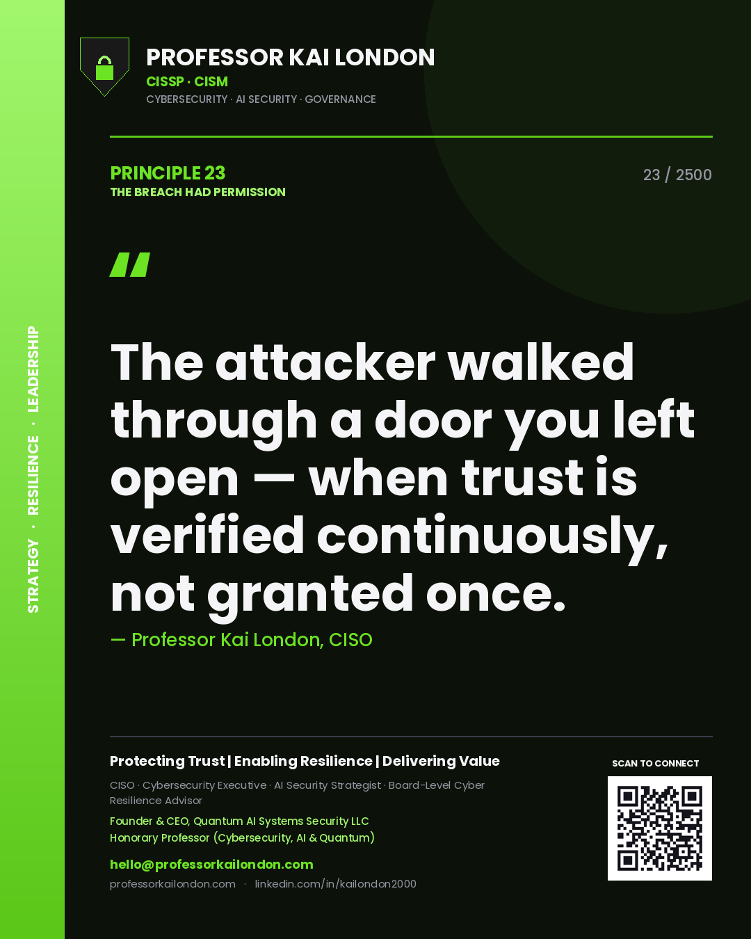 Professor Kai London principle 23: The attacker walked through a door you left open — when trust is verified continuously, not granted once.