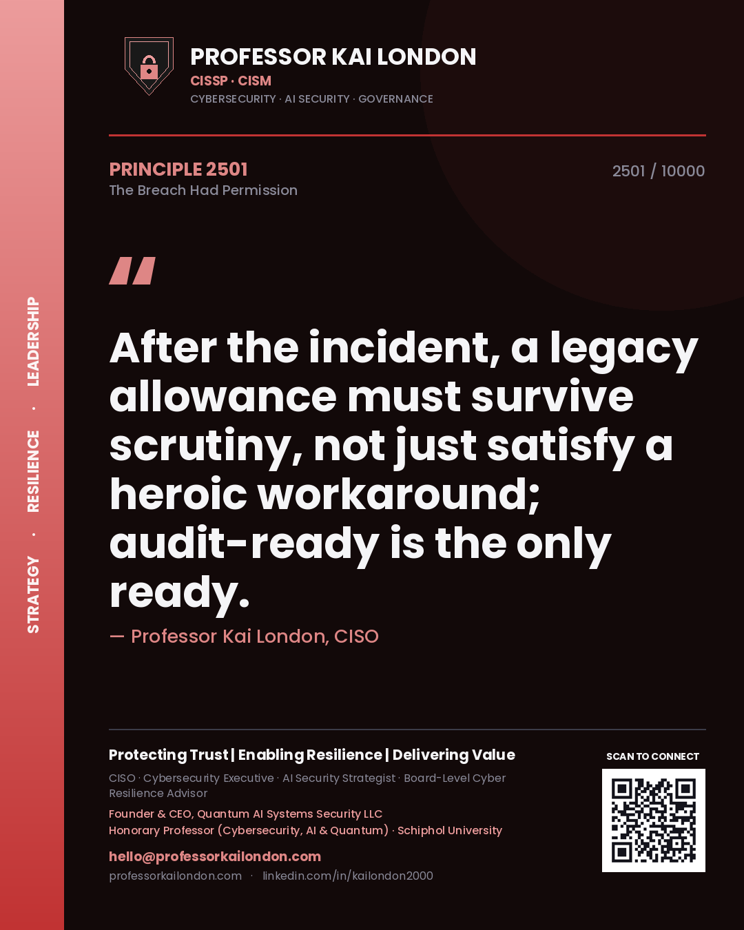 Quote card by Professor Kai London reading 'After the incident, a legacy allowance must survive scrutiny, not just satisfy a heroic workaround; audit-ready is the only ready.'. From the book The Breach Had Permission.