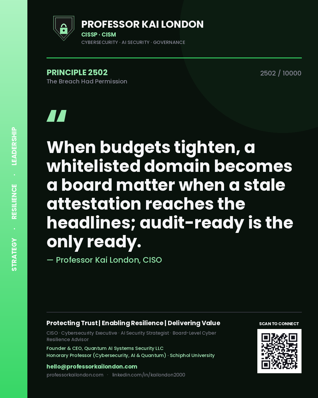 Quote card by Professor Kai London reading 'When budgets tighten, a whitelisted domain becomes a board matter when a stale attestation reaches the headlines; audit-ready is the only ready.'. From the book The Breach Had Permission.