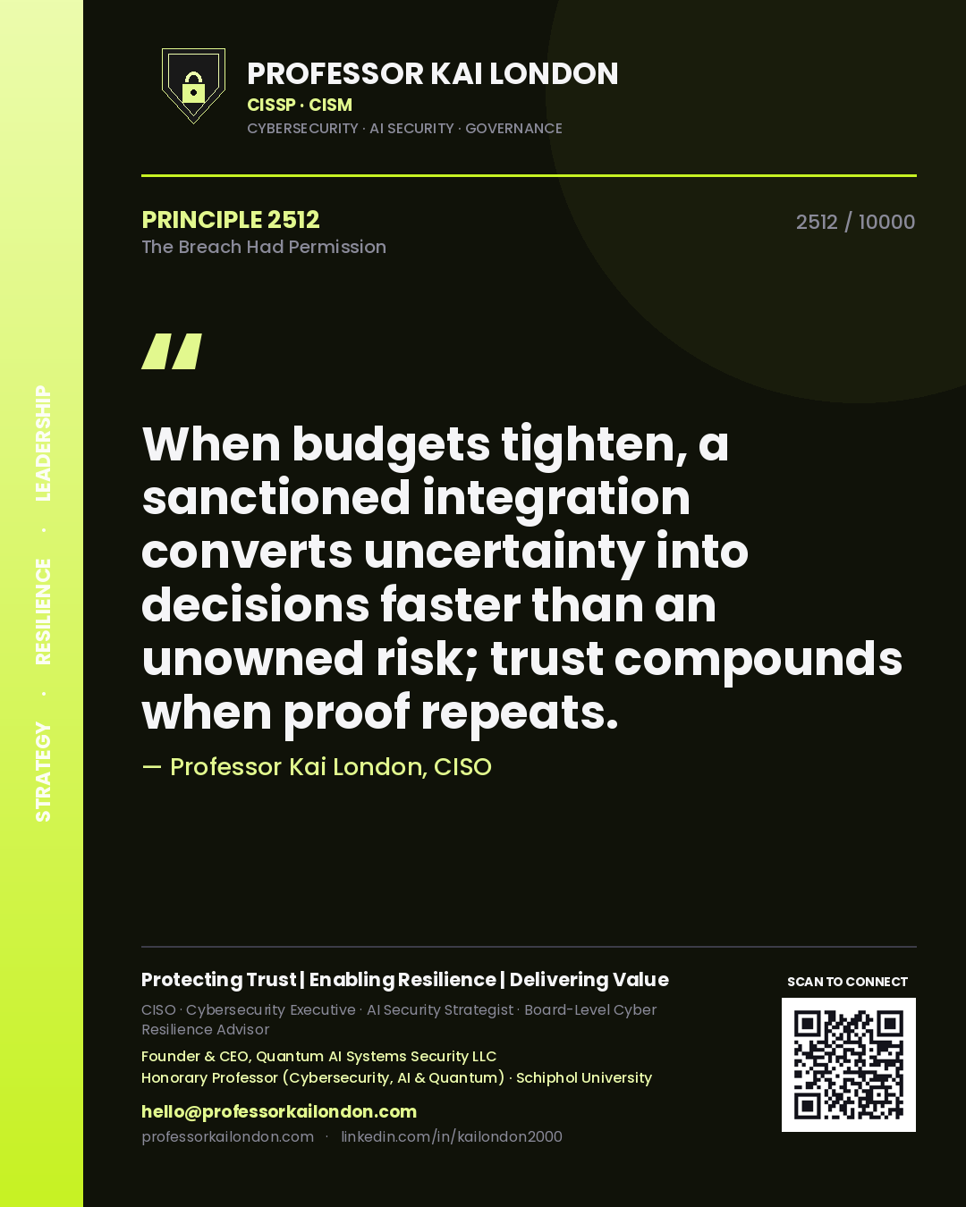 Quote card by Professor Kai London reading 'When budgets tighten, a sanctioned integration converts uncertainty into decisions faster than an unowned risk; trust compounds when proof repeats.'. From the book The Breach Had Permission.