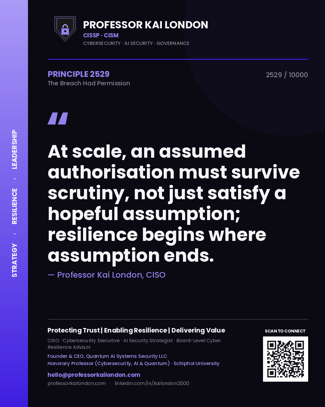 Quote card by Professor Kai London reading 'At scale, an assumed authorisation must survive scrutiny, not just satisfy a hopeful assumption; resilience begins where assumption ends.'. From the book The Breach Had Permission.