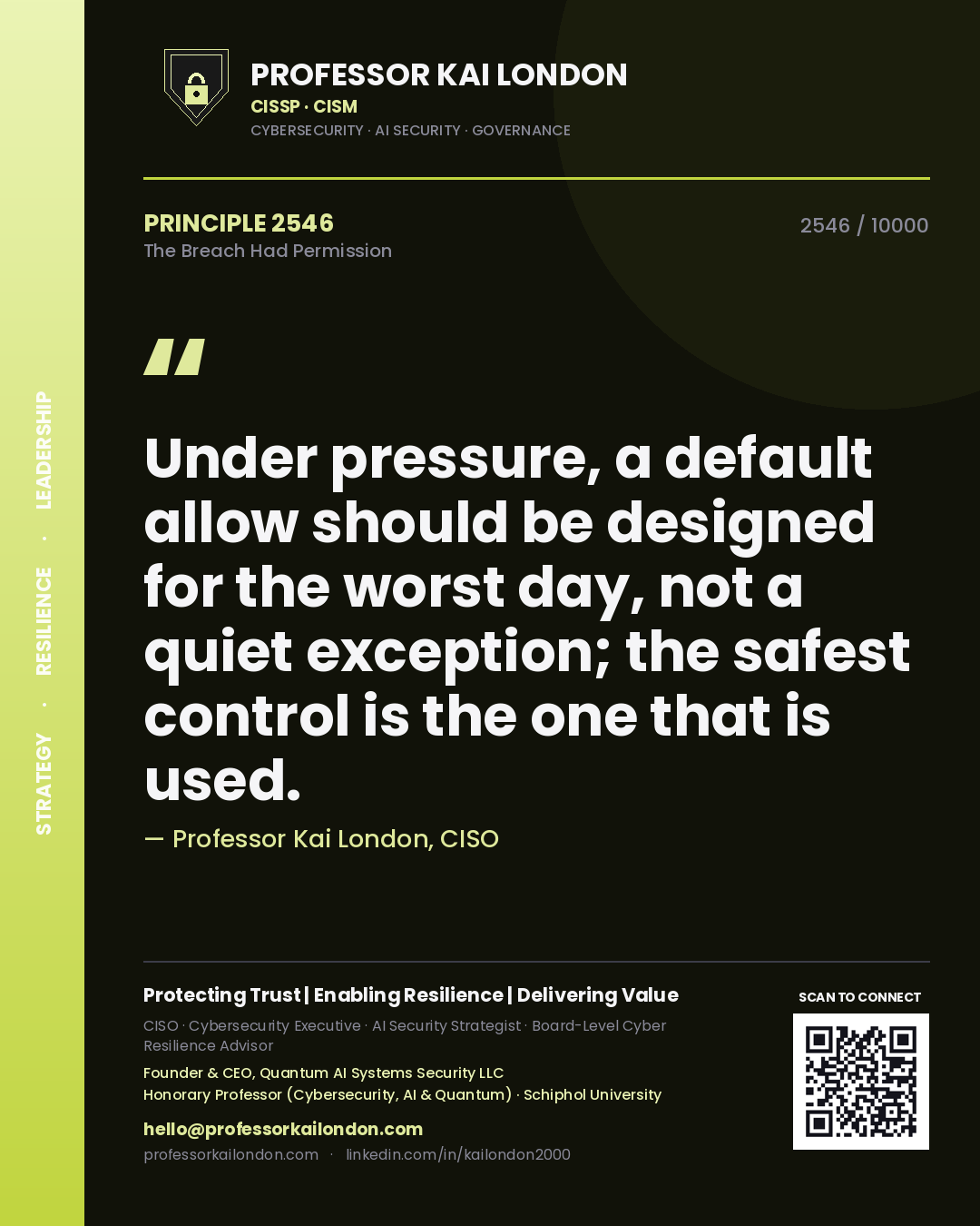 Quote card by Professor Kai London reading 'Under pressure, a default allow should be designed for the worst day, not a quiet exception; the safest control is the one that is used.'. From the book The Breach Had Permission.