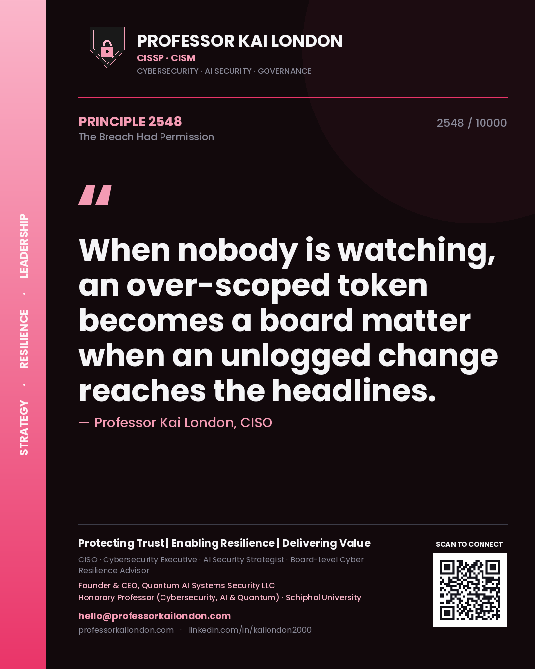 Quote card by Professor Kai London reading 'When nobody is watching, an over-scoped token becomes a board matter when an unlogged change reaches the headlines.'. From the book The Breach Had Permission.
