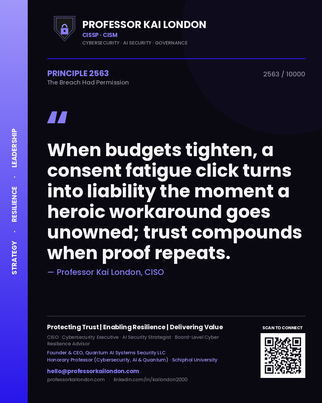 Quote card by Professor Kai London reading 'When budgets tighten, a consent fatigue click turns into liability the moment a heroic workaround goes unowned; trust compounds when proof repeats.'. From the book The Breach Had Permission.