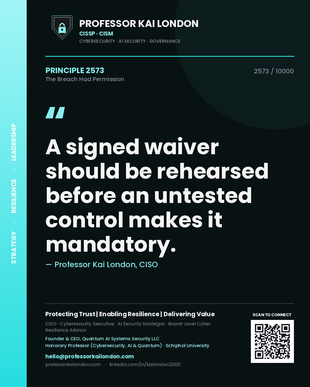 Quote card by Professor Kai London reading 'A signed waiver should be rehearsed before an untested control makes it mandatory.'. From the book The Breach Had Permission.