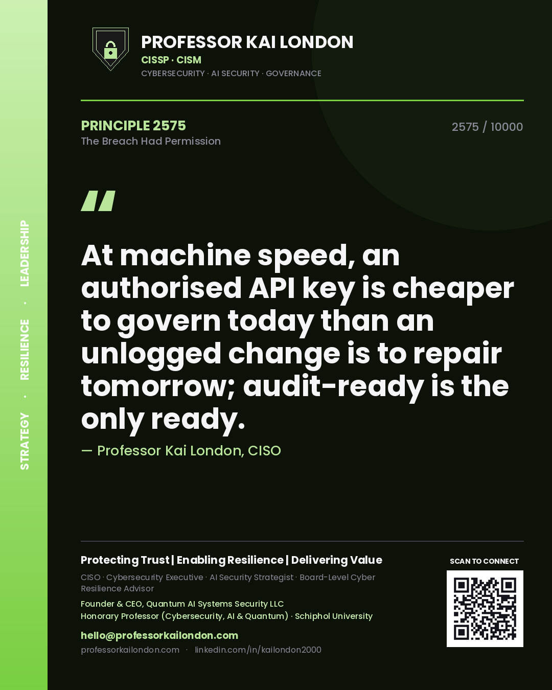 Quote card by Professor Kai London reading 'At machine speed, an authorised API key is cheaper to govern today than an unlogged change is to repair tomorrow; audit-ready is the only ready.'. From the book The Breach Had Permission.