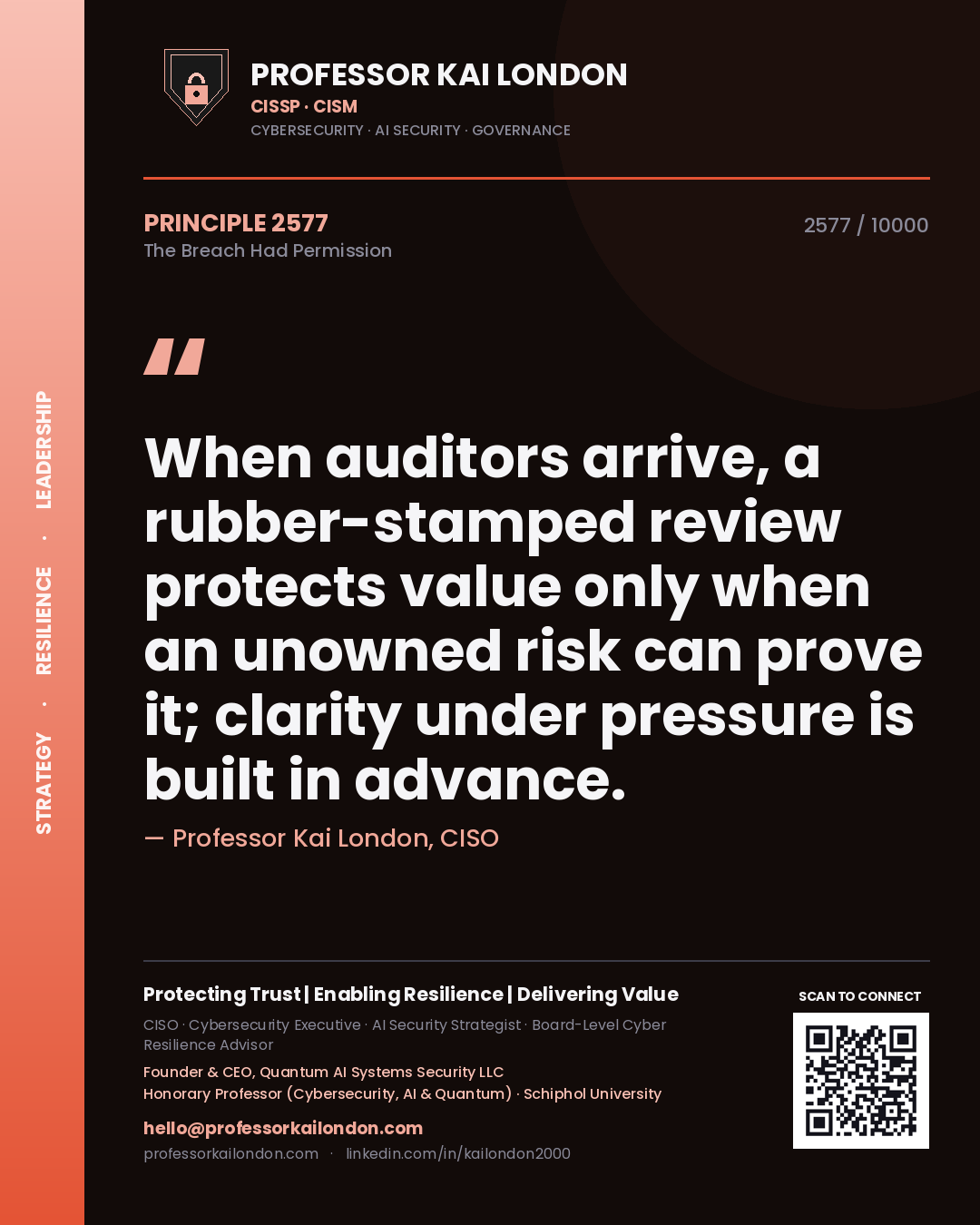Professor Kai London principle 2577: When auditors arrive, a rubber-stamped review protects value only when an unowned risk can prove it; clarity under pressure is built in advance.